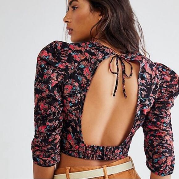 Free People Monica Crop Top in Black Floral Noir XS - Picture 2 of 10